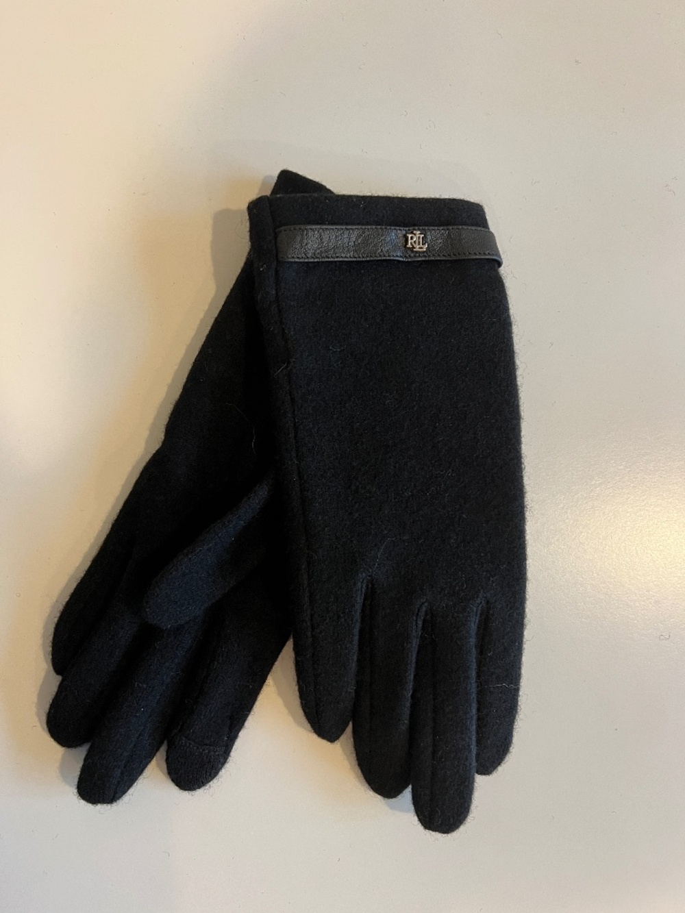 NWT Lauren Ralph Lauren Black Wool-Blend Leather Trim Gloves -- L